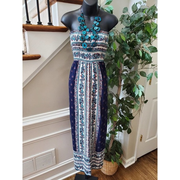 Angle Women's Blue & White 100% Rayon Off The Shoulder Long Maxi Dress Size XS - Picture 9 of 9